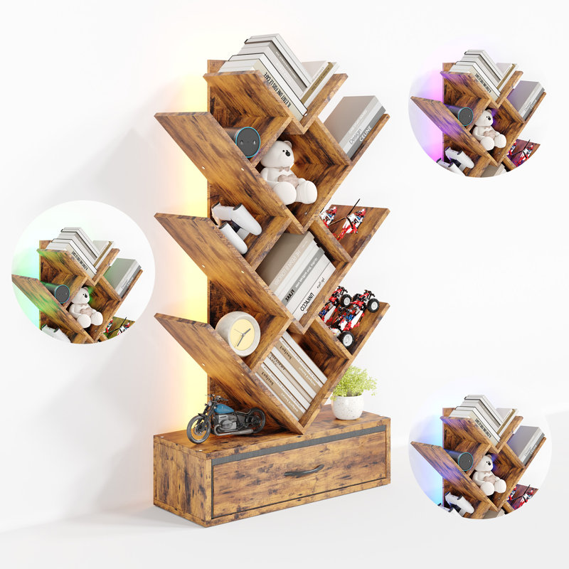 Bibliothèque moderne à 7 niveaux avec lumières DEL et tiroir en tissu - Bibliothèque de rangement verticale pour le bureau, le salon, la chambre à coucher - Conception étroite pour les petits espaces