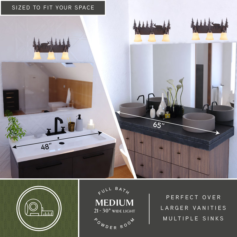 Homar 3-Light 24.75 inch Wide Burnished Bronze Rustic Cabin Bathroom Vanity Lighting Fixture, Amber Flake Glass Shade, Deer and Trees, Dimmable, LED Compatible, Over the Mirror Wall Mounted