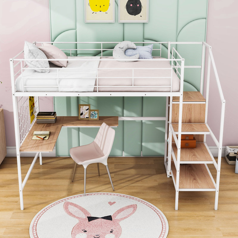 Hiroko Metal Loft Bed with Desk and Storage Ladder and Wardrobe, White, Full
