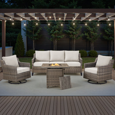 4 Pieces Patio Furniture Set With Fire Pit Table, Wicker Patio Conversation Set With Swivel Rocking Chairs, Outdoor Patio Set For Lawn Backyard Porch