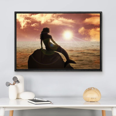 «Mermaid On A Rock At Sunset Fantasy and Sci-Fi Ocean Illustration Modern Art Nautical» sur toile