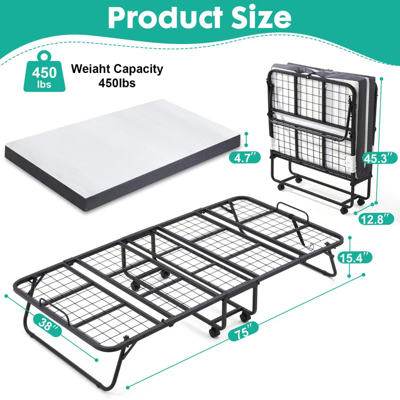 Folding Bed with Mattress, 75''L X 38''W Metal Rollaway Bed for Adults, Portable Foldable Guest Bed with Wheels and Dustproof Bag-5" Memory Foam Mattress