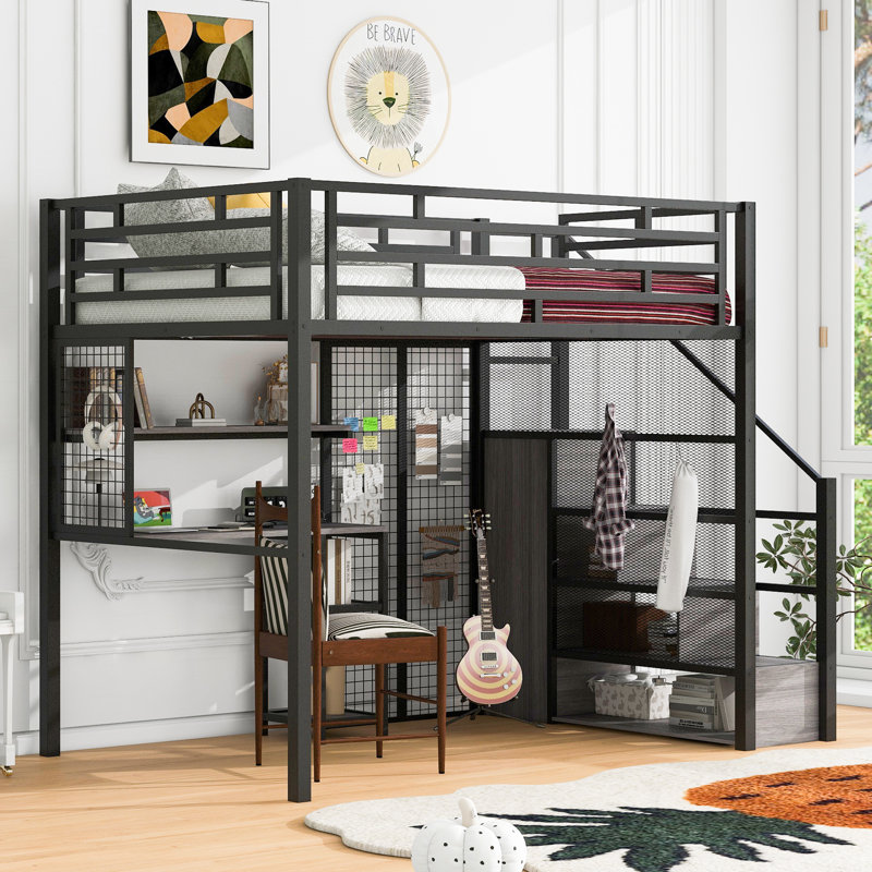 Lit mezzanine double en métal avec garde-robe, bureau et tablette de rangement ouverte, Noir