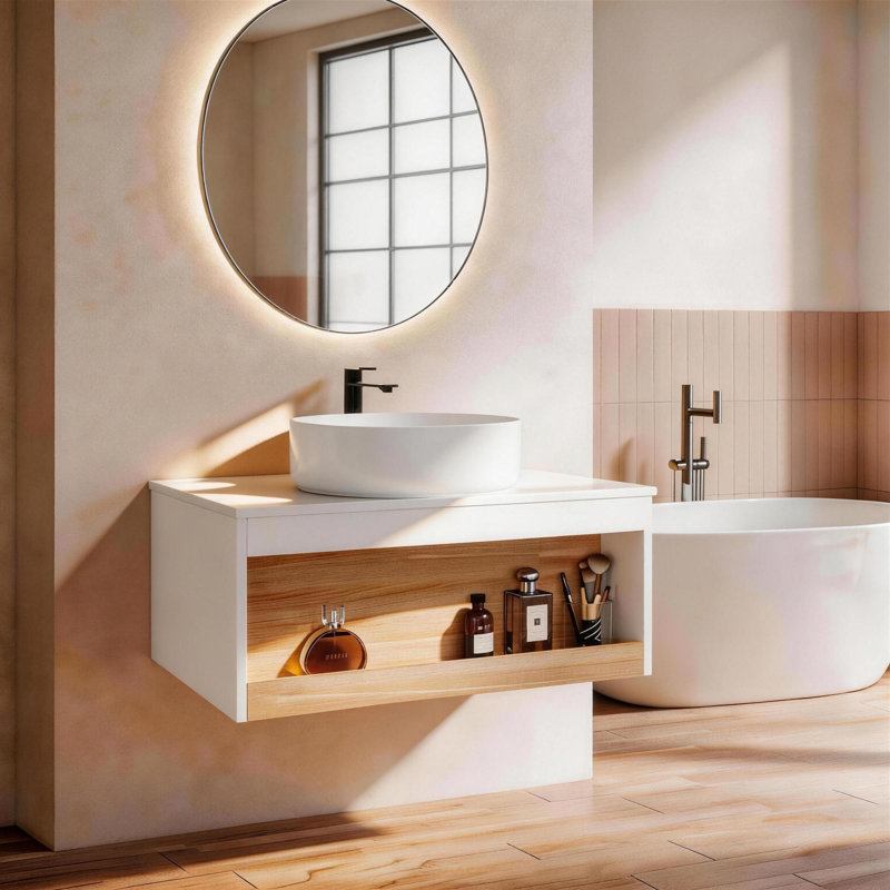 Meuble-lavabo mural 30 po avec lavabo en céramique et compartiments de rangement ouverts, 30, Blanc
