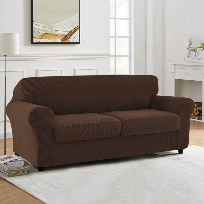 Textured Soft Stretch Separate Box Cushion Loveseat Slipcover, Chocolate