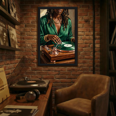 Abstract Woman In Green Shirt Playing Vinyl Record