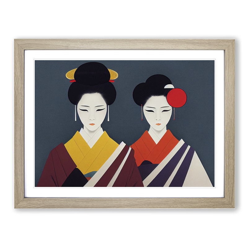 XH1022-9012X The Two Geisha 1 Piece Single Picture Frame Wall Art, 25cm H x 34cm W x 2cm D, Oak