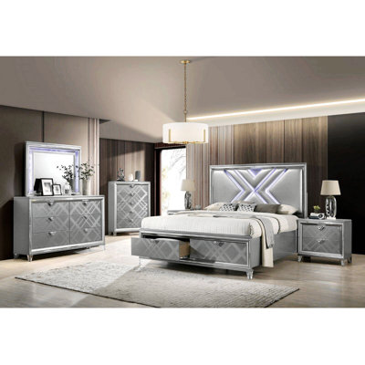 Silver Nightstand With 2 Drawers And Mirror Trim – Elegant And Reflective Bedroom Design by Rosdorf Park