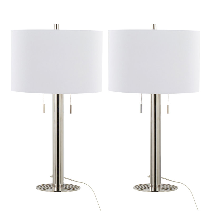 Ensemble de 2 lampes de table contemporaines en nickel poli de 29 po avec abat-jour en lin blanc