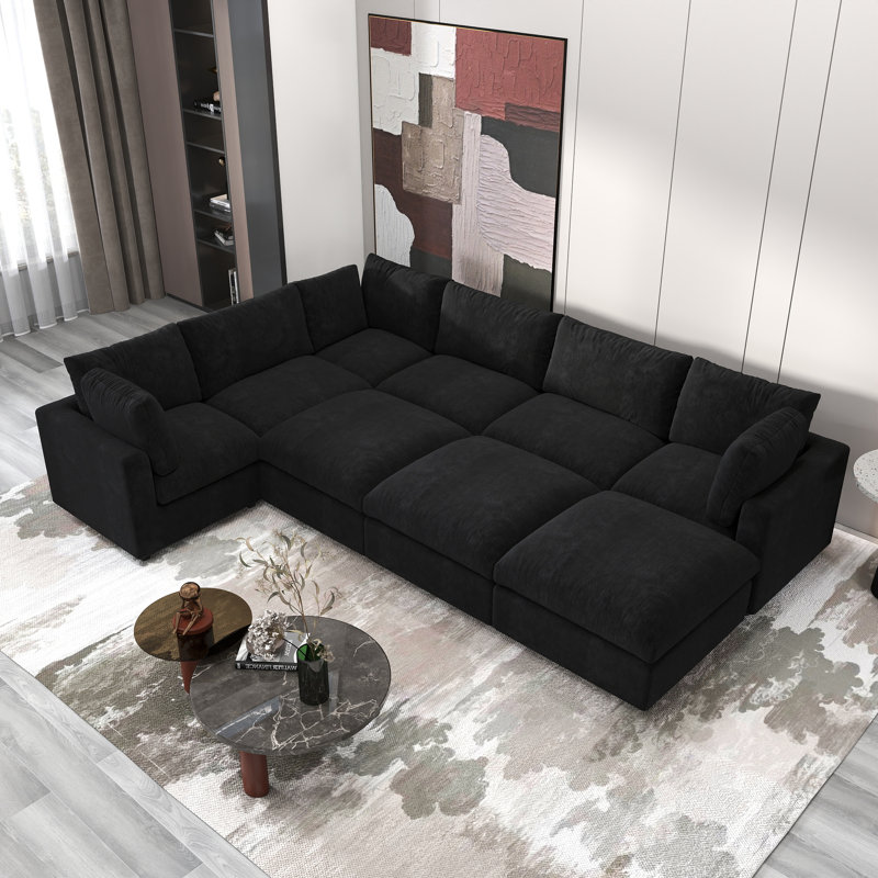 9-Piece Upholstered Modern Chenille Fabric Modular Sectional Sofa With Ottoman, Black 
