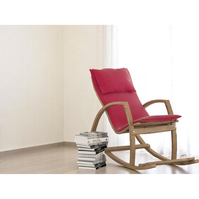 Contemporary Red Wooden Frame Rocker Armchair With High Back And Cushion For Quiet Reading Rocking Padded Soft Spaces