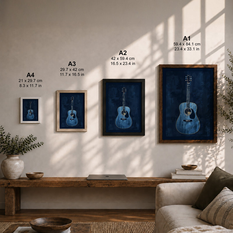 Classical Guitar in Blue Modern - Framed Print, A2 - 59.4 x 42.0 cm, Black