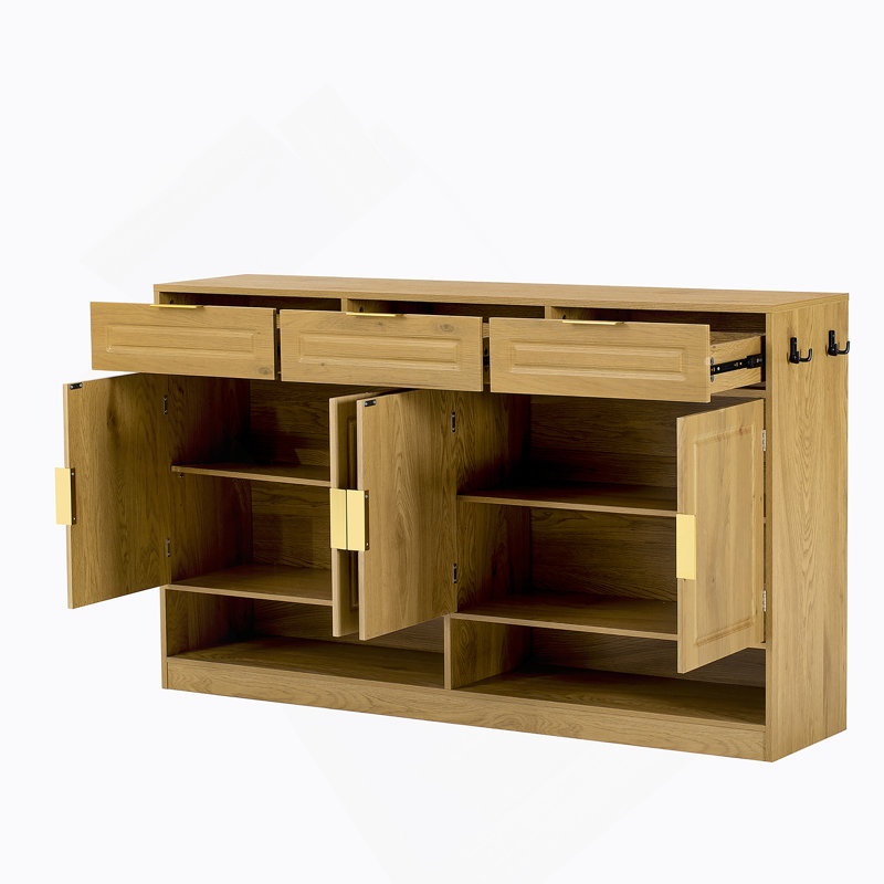 Sideboard With 3 Drawers And 4 Doors, Storage Buffet With Adjustable Shelf And Open Storage Compartments, Brown