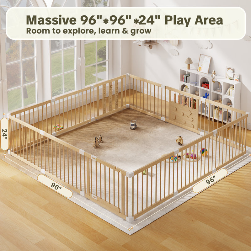Parc pour bébé en bois de pin naturel, très grand parc pour bébés et tout-petits de 96 po x 96 po, aire de jeu intérieure pour enfants, clôture en bois naturel portable