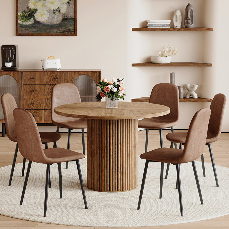 42"L Round Mordern Pedestal Fluted Dining Table Set For 4-6 With 34.5" Dining Chair, 7, Natural Wood