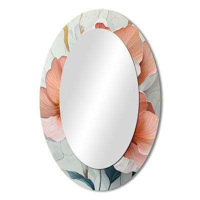 White And Coral Marble Peonies Elegance III - Large Oval Wall Mirror On Metal