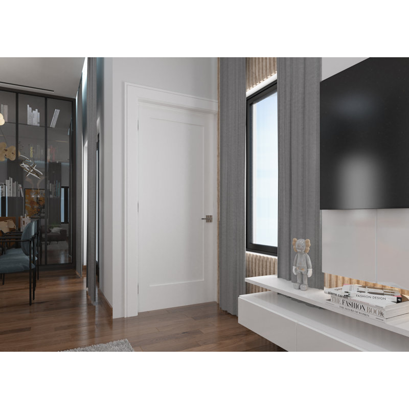 Porte intérieure simple pré-suspendue en composite blanc avec cadre à droite avec charnières noires mates à droite, À droite