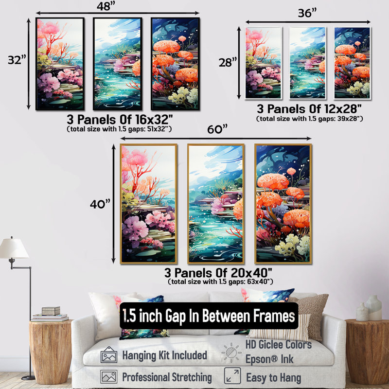 «Realistic Underwater Coral Garden III», art mural corail, Cadre flottant noir, H 32 po x l 48 po x P 1 po