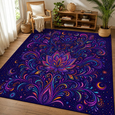 1Pcs Vibrant Lotus Mandala Pattern Rug - Psychedelic Abstract Art Design, Colorful Bohemian Floor Mat, Non-Slip Backing, Large Area for Living Room, Bedroom, Meditation, Yoga, Indoor Use for home detor