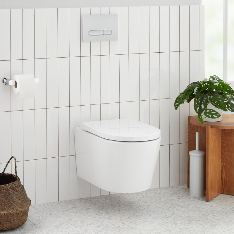 Arnelle Dual Flush Wall Mounted One Piece Elongated Chair Height Toilet with Actuator Plate Flush, Matte Chrome