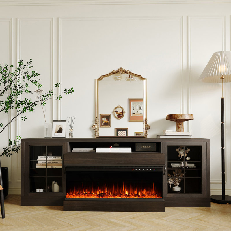 3-Sided Farmhouse TV Stand, Entertainment Center With Glass Door, Only Tv Stand(Fireplace Not Include), Brown