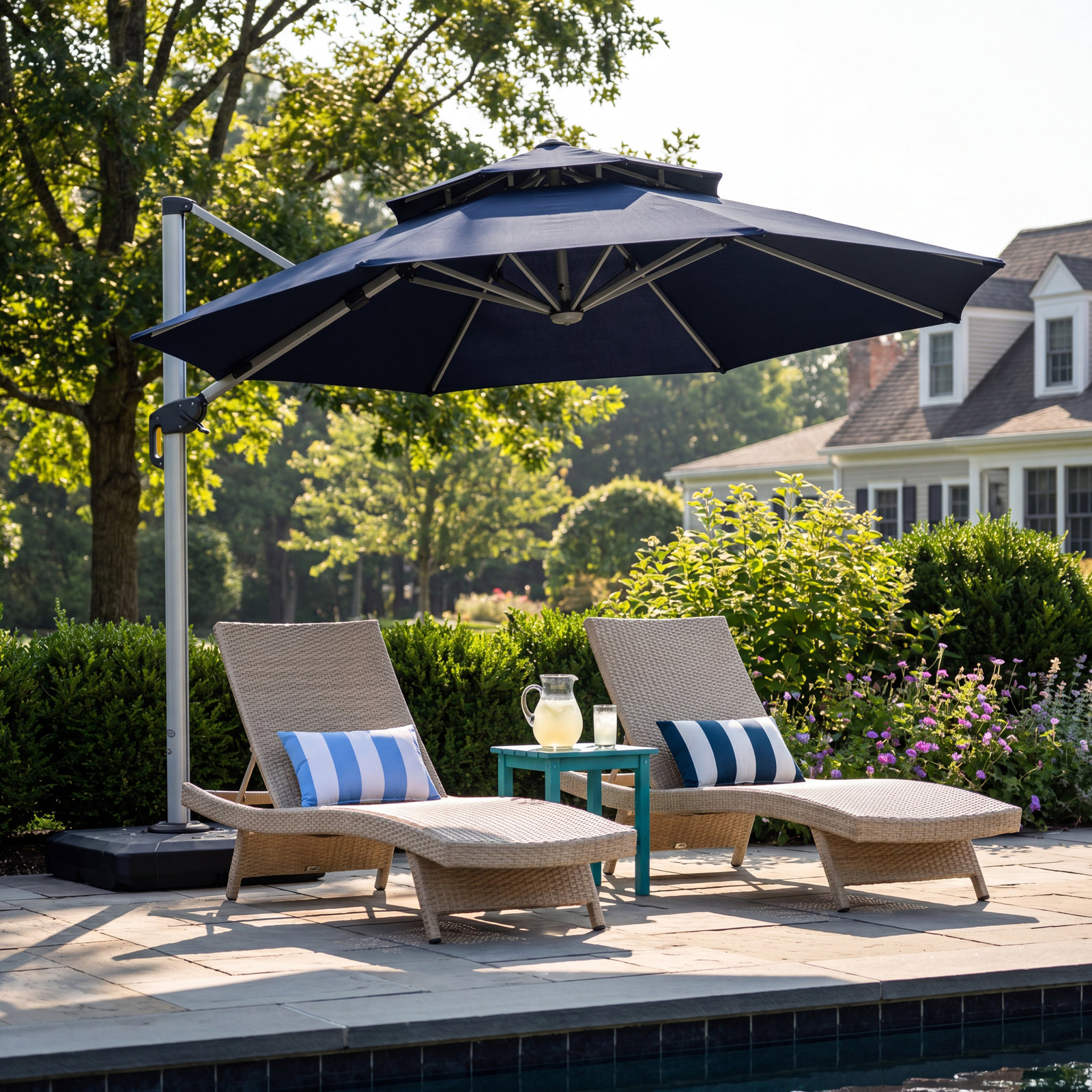 Lillehammer 12' Cantilever Umbrella with Lights, Navy Blue
