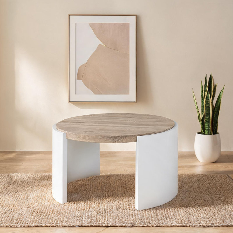 Round Coffee Table with Oak Top and Clean White Base High Gloss Modern Design 33-Inch
