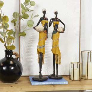 Yellow Polyresin Woman Handmade African Decorative Sculpture with Water Jugs and Jeweled Details, Set of 2