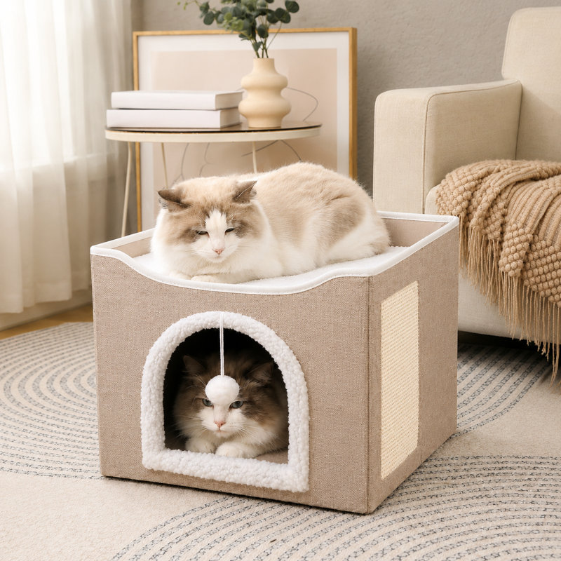 Maison de chat pliable en forme de cube avec patin à griffes en sisal et balle de jeu suspendue, lit pour chat intérieur à deux niveaux avec coussin lavable en laine d'agneau, peut supporter jusqu'à 30 lb, plusieurs tailles et couleurs en option