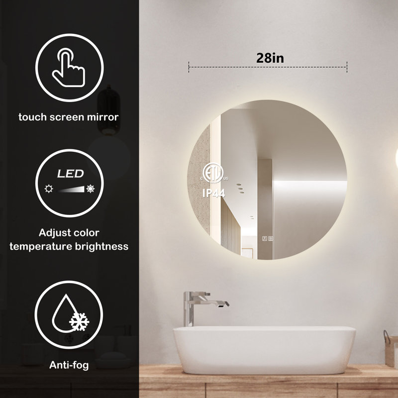Miroir de salle de bain rond Naliyah, 28 po x 28 po