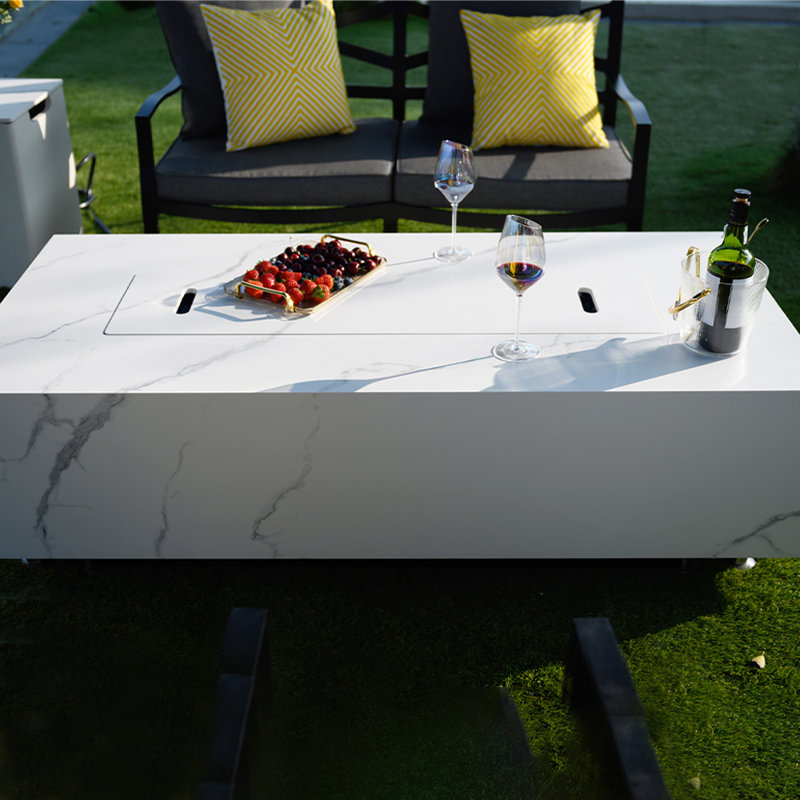 Rectangle Concrete Smokeless Fire Pit Table with Lid, Propane, White