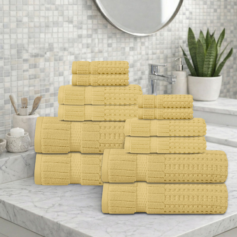 Willow 12 Pieces Towel Set – 100% Combed Cotton, Premium Quality 630 GSM, Yellow, Ultra-Soft & Highly Absorbent (4 Bath, 4 Hand, 4 Wash Towels set)