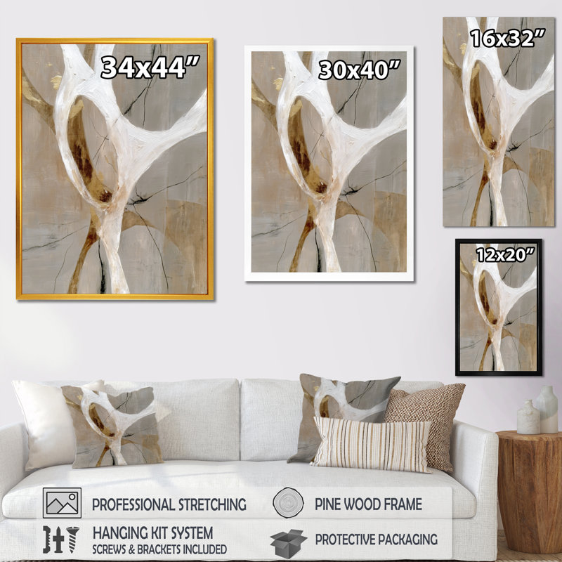 «Gold White Abstract Modern Shapes - Abstract Shapes Wall Art For Living, Gold Modern, reproduction sur toile, Cadre flottant