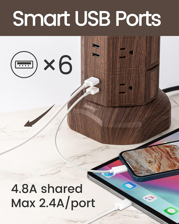 SUPERDANNY SD121091501 Power Strip Tower Surge 15W Magnetic Wireless Charger 12 AC Outlets 6 USB Ports 6.5ft Extension Cord Color: Gold