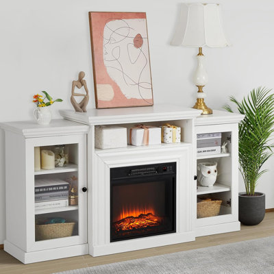 Meuble télé avec foyer électrique pour téléviseur de 60 po ou moins, meuble télé en bois avec tablettes de rangement ouvertes, foyer de 18 po avec télécommande et minuterie de flamme réglable à 3 niveaux