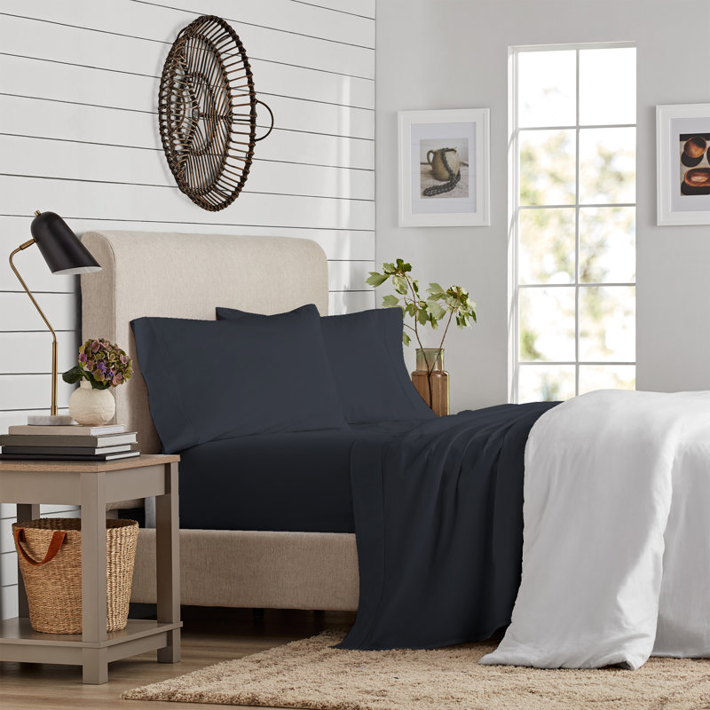 Cotton Blend Jersey Knit Sheet Set, Twin Sheet Set + Fitted Sheet + Pillowcase, Midnight Navy