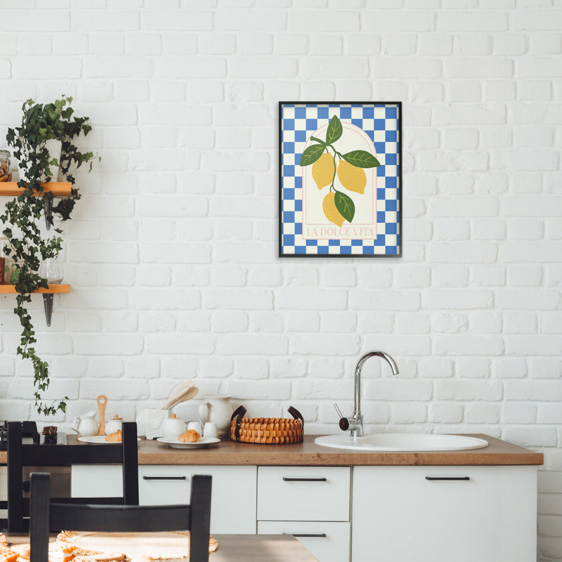«Vibrant Summer Lemons» à damier, dessin par Emily Dumas, H 14 po x l 11 po, Giclée encadrée noir minuit