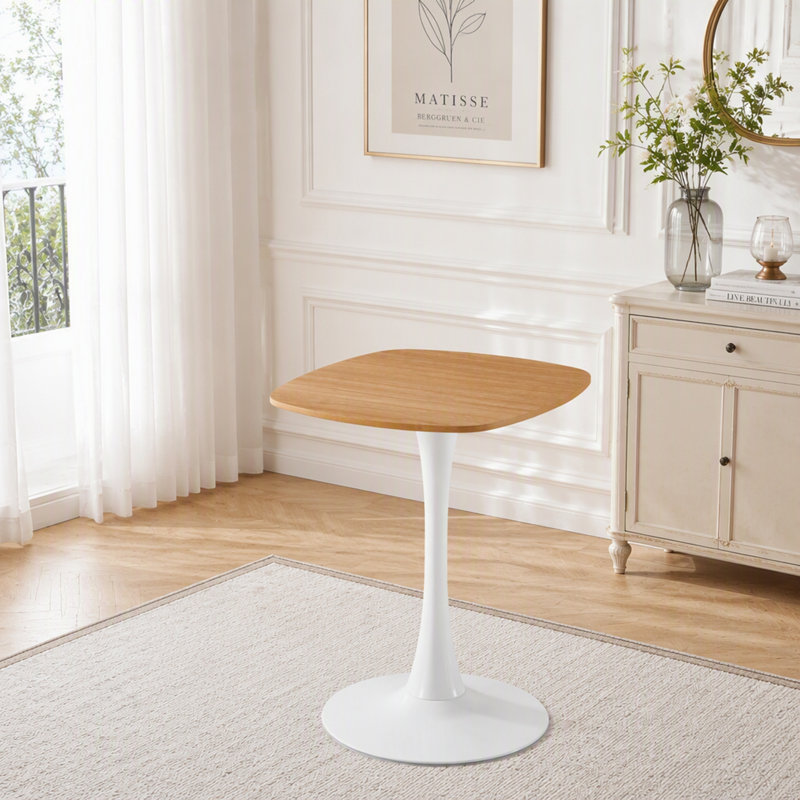 Petite table de salle à manger avec pied central en métal, Blanc / chêne