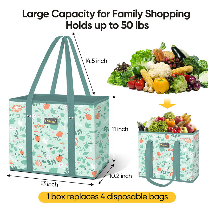 3 Pack Reusable, Foldable Shopping Bags with Reinforced Bottom & Handles, Spring Stroll