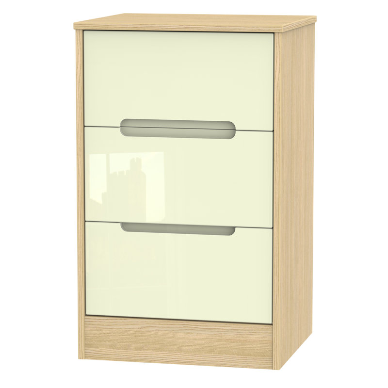 Fully Assembled Vernon 3 Drawer Bedside Table, Cream Gloss /Oak
