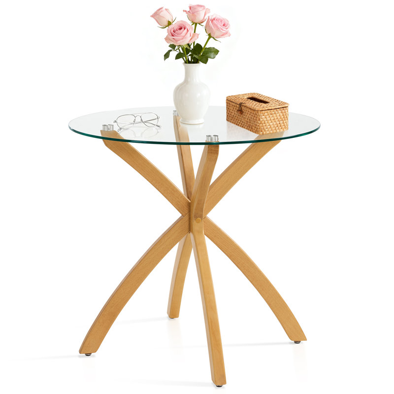 Round Dining Table with Tempered Glass Top and Solid Wood Legs, Natural Wood