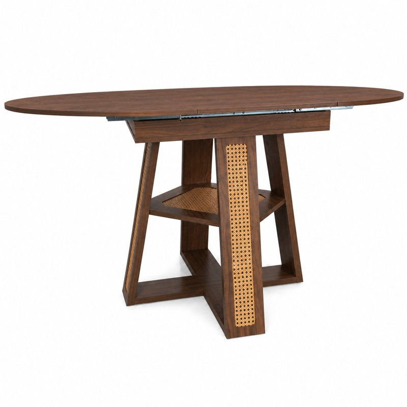 Table de salle à manger extensible avec piètement en croix et tablette de rangement, Noyer