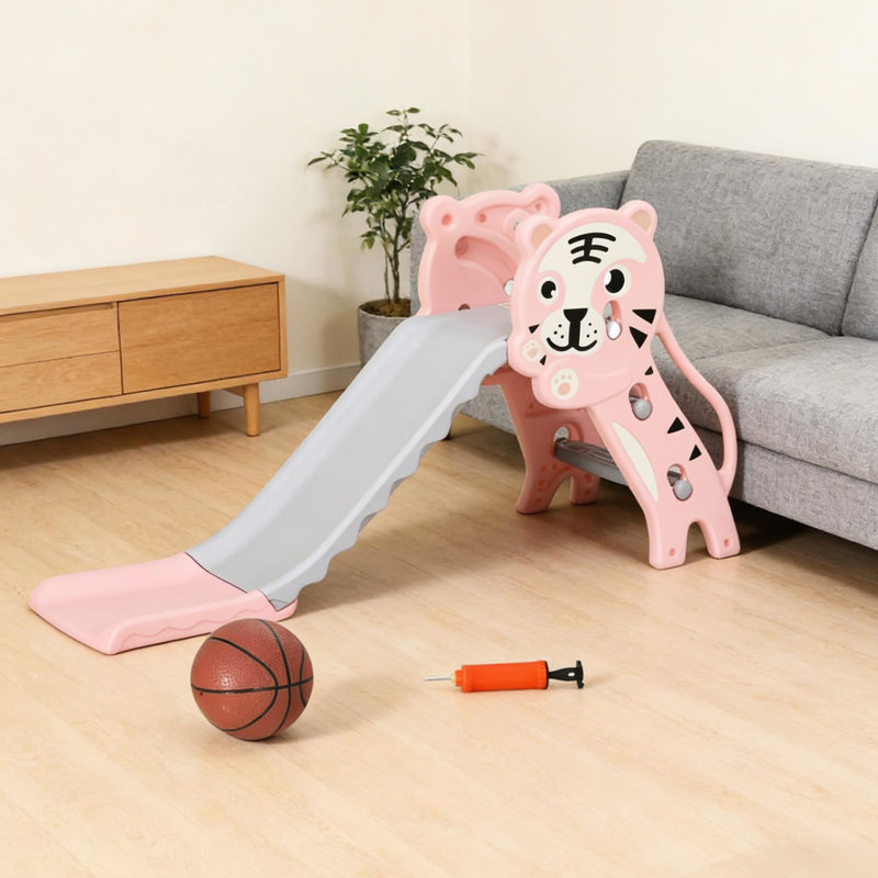 Panier de basket 3 en 1 pour l'intérieur, motif de dessin animé mignon, installation simple et sécurisée, pour les enfants de 18 à 36 mois, rose et gris, montage léger