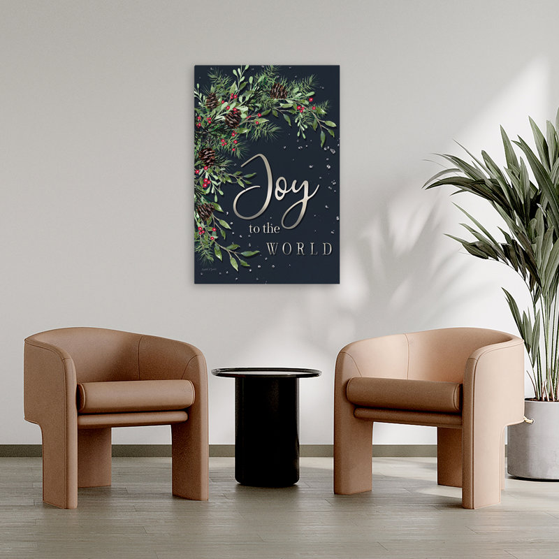 «Joy To The World» - art contemporain avec branches de pin festives et joyeuses, H 24 po x l 36 po