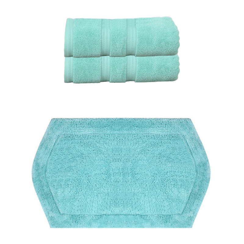 Bryd Collection 100% Soft Cotton 2 Pc Bath Towel Set & 1 Pc Bath Rug, (Set of 3), Turquoise