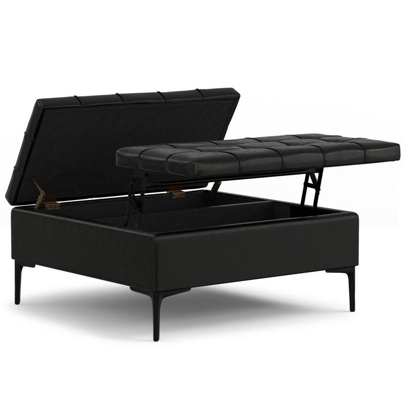 Laura 36"W Upholstered Square Storage Ottoman with Split Lift Top and 2 Storage Compartments, Black