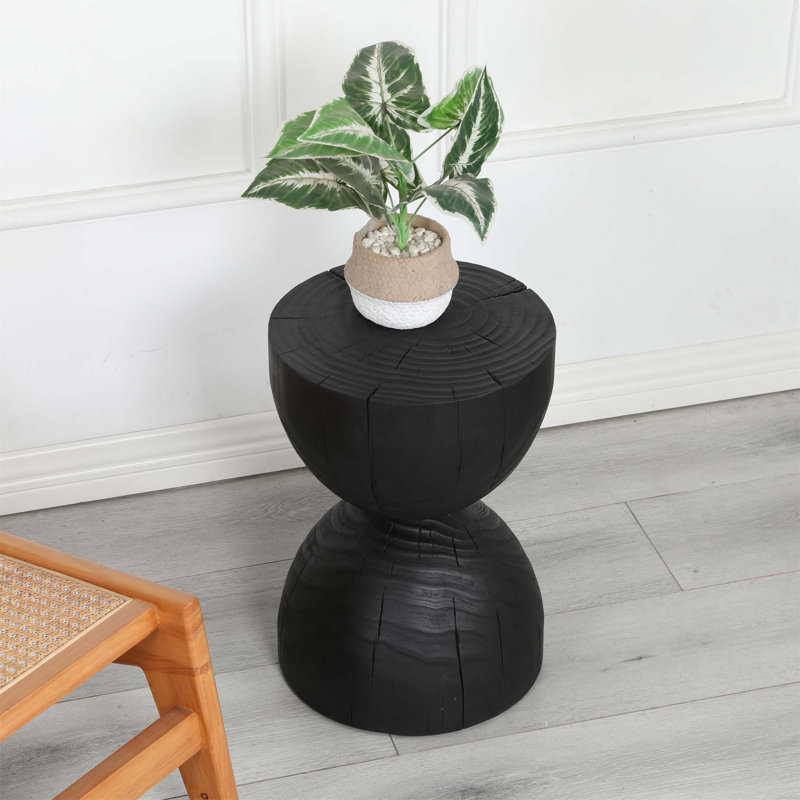 Table d'appoint en bois de manguier massif, table d'appoint contemporaine ronde de 12,2 po x 18,11 po, petit support à plante avec finition craquelée rétro brûlée