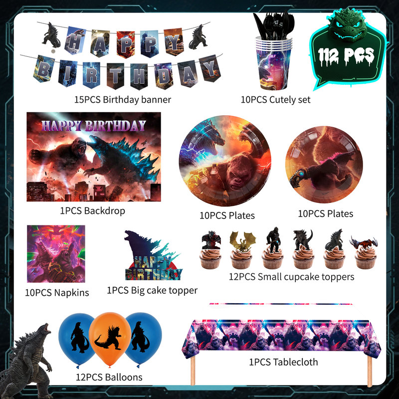 Ensemble de décorations de fête d'anniversaire Godzilla, 112 pièces de fournitures de fête Godzilla et ensemble de vaisselle pour enfants Godzilla