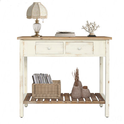 Vintage 2-Drawer Console Table, With Open Shelf Distressed Finish For Entryway And Living Room