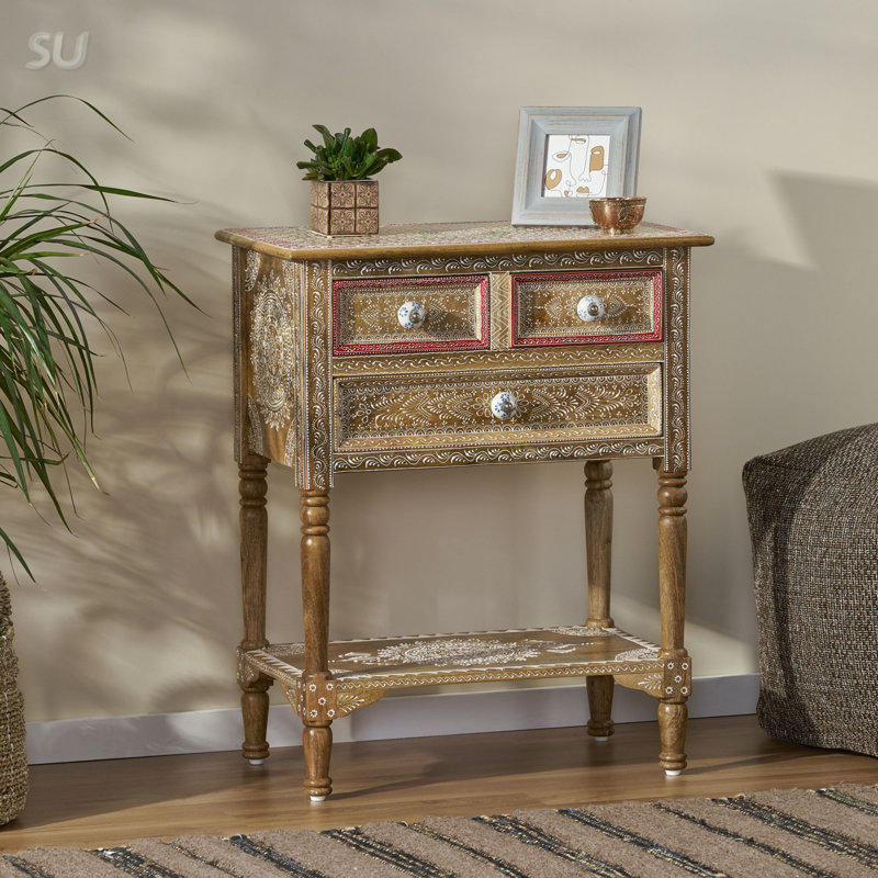 Table de bout à 2 tiroirs fabriquée à la main en bois de manguier avec design oriental et tablette ouverte pour le rangement, parfaite pour un décor bohème.